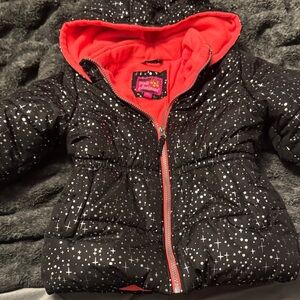 Pink Platinum Black Puffer Jacket with Coral Lining and Star Print